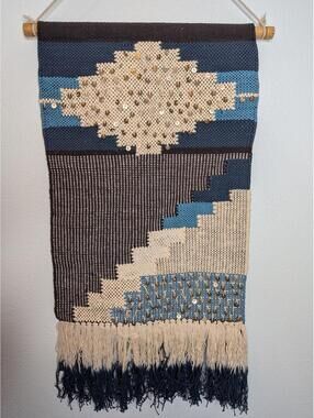 Boho Woven Wall Hanging Tapestry Blue Cream Fringe Geometric Decor